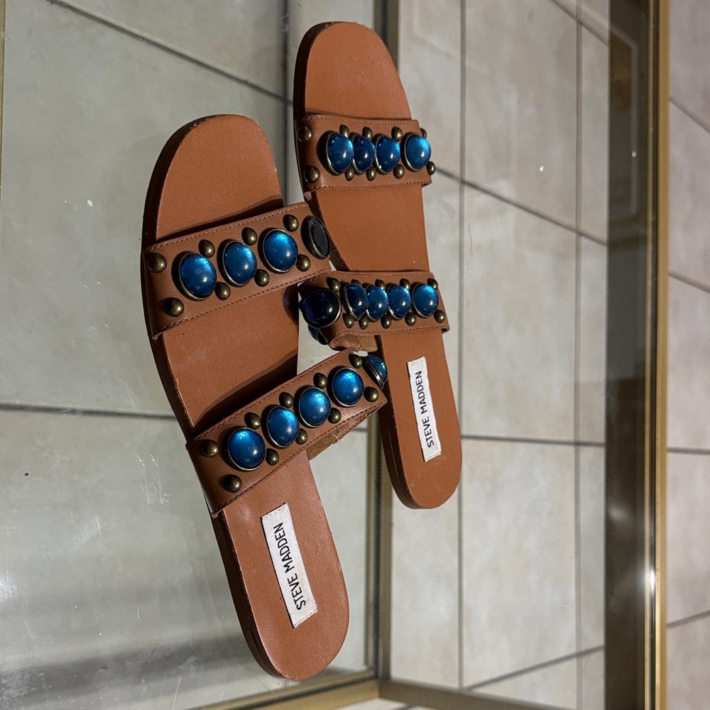 Steve Madden Tan Sandals with Blue Embellishments
